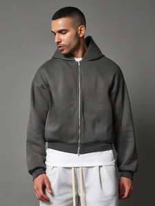 Gris foncé surdimensionné recadrée lourd épais sweats à capuche zippés hommes Logo personnalisé épaule tombante Double curseur pas cher en vrac thermique - Product Image 6