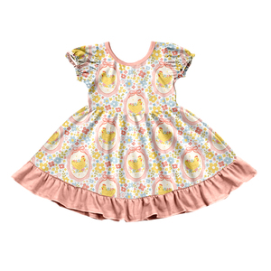 Robe d'été pour fillettes, imprimé floral jaune, manches bouffantes, ourlet à volants, style OEM/ODM, tenue de fête pour tout-petits, vêtements de boutique pour filles. - Product Image 4