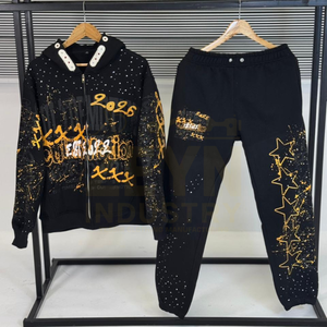 Ropa de calle para hombre, chándal, lavado ácido, diseño impreso, personalizado, de gran tamaño, transpirable, con estampado de diamantes de imitación, conjunto de chándales de dos piezas - Product Image 1