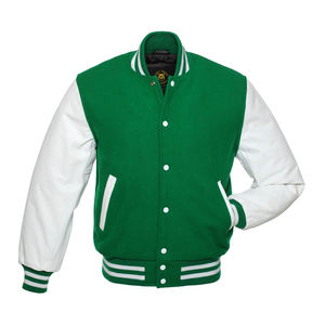 Chaqueta Bomber Universitaria con Mangas Blancas y Cuerpo Verde Kelly, Chaqueta Letterman con Mangas de Cuero, Chaqueta Universitaria de Cuero - Product Image 1