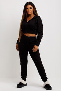 AASTANA WEARS INC Custom <b>Black</b> <b>Women's</b> 2-Piece Fleece Tracksuit Set <b>Zip</b> Front Cropped <b>Hoodie</b> Sweatpants Quick Dry Breathable - Product Image 5