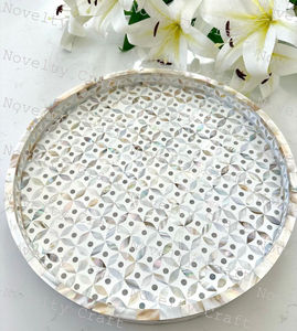 Plateau de service en bois écologique en six pièces, ensemble de sous-verres à poignée en nacre avec motif floral et perles décoratives, plateau en bois - Product Image 4