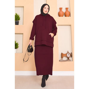 Burgundy Hooded Sweater and Two-Piece Dress <b>Set</b> with Breathable Hijab Detail Elegant and Comfortable Outfit - Product Image 1