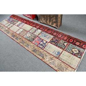 2.8x9.5 ft Rug, Vintage Turkish Rug, <b>Red</b> Animal Print <b>Wool</b> Rug - Product Image 4