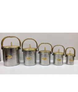 Juego de 5 Recipientes para Almacenamiento de Alimentos de Acero Inoxidable Dorado y Plateado, Utensilios de Cocina Árabes, Diseño Moderno, Presentes, Tapa Extraíble, Apto para Calentar - Product Image 1