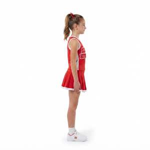 Ensemble d'uniforme de cheerleading personnalisé haut de gamme pour jeunes, avec haut à col en V, jupe plissée et culotte intégrée, en sergé rouge et blanc, OEM - Product Image 3