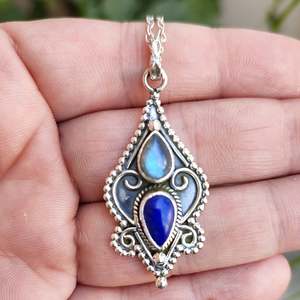 Collier en labradorite et lapis-lazuli, argent sterling 925, bijoux faits à la main avec perle, cadeau unique pour elle, anniversaire - Product Image 3
