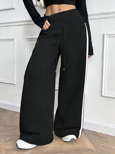 Polyester/Cotton Black Women's Casual Loose Wide Leg Double Side Striped Terry Fleece Soft Sweatpants - Product Image 3