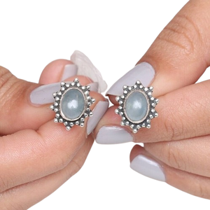 Estilo bohemio 925 plata esterlina aguamarina piedras preciosas Stud pendientes joyería hecha a mano pendientes de plata joyería para mujer regalo de boda - Product Image 1