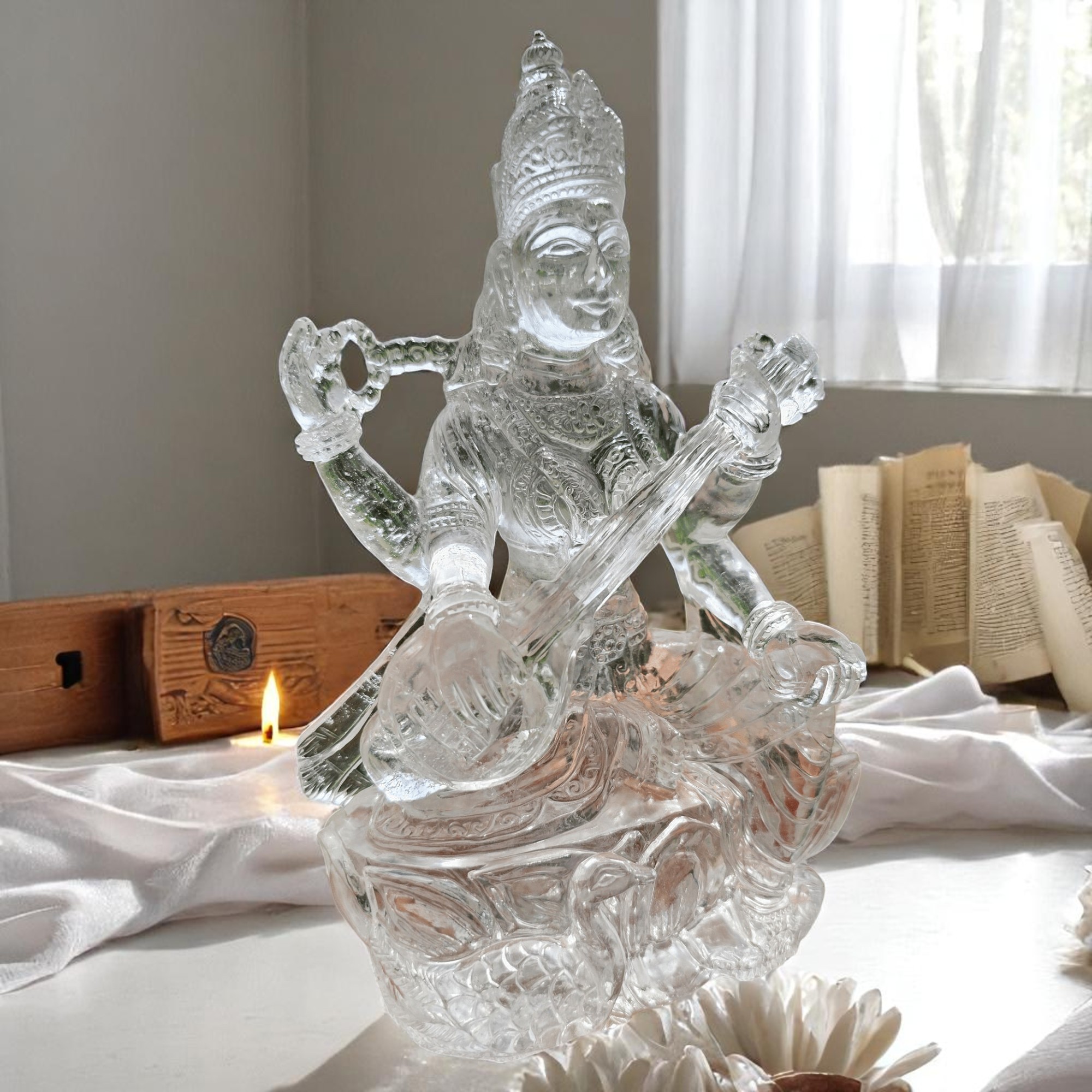 Clear Quartz Saraswati Mata Idol for Knowledge & Wisdom