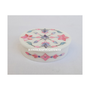 Mármol blanco hecho a mano de nuevo diseño con incrustaciones de diseño de flor de nácar forma redonda para almacenamiento de joyas y fines de regalo - Product Image 1