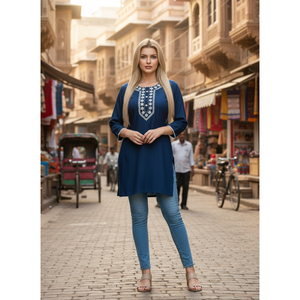 Kurti Azul Marino Bordado para Mujer con Mangas 3/4, Elegante, Casual y para Oficina, Hecho de Tela Popelina Transpirable - Product Image 1