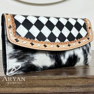 2025 estilo bohemio Blanco y Negro estilo a cuadros cuero de vaca mecanizado a mano bolso de mano y monederos de piel de vaca genuino único para mujer - Product Image 1