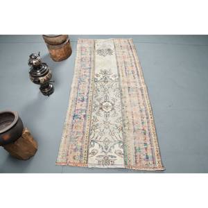 Tapis en laine turque vintage de 2.8x6,3 pieds, tissage plat en patchwork beige et bleu pour les décorations de salon avec support en latex - Product Image 1