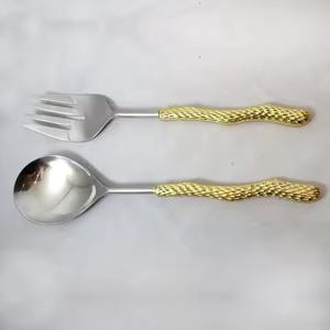 Cuillère et fourchette en acier inoxydable, vaisselle de mariage, manche en boucle, cuillère à salade dorée, cuillère à salade, manche long et rond - Product Image 4