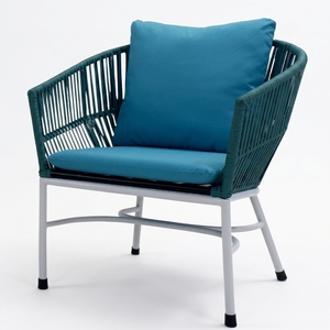 Fauteuil de jardin extérieur Teal avec structure en métal blanc, fauteuil en corde tressée avec coussins, pour l'aménagement de terrasse, design artistique et pur pour la décoration - Product Image 1
