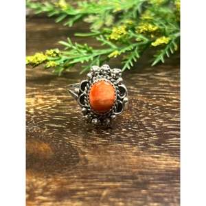 Anillo Freda Martinez de Plata de Ley con Diseño de Ostra Espinosa, Estilo Boho, con Piedra de Coral Geométrica, para Uso Diario, Talla 8 - Product Image 1