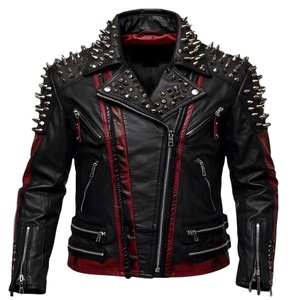 This is a black and <b>red</b> punk-style biker <b>jacket</b> adorned with numerous silver studs and spikes - Product Image 1