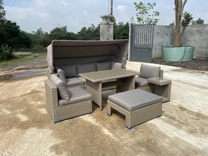 Modern Outdoor <b>Rattan</b> <b>Sofa</b> Set With Canopy Waterproof Cushion Garden Furniture Contemporary Design Gray Color - Product Image 1