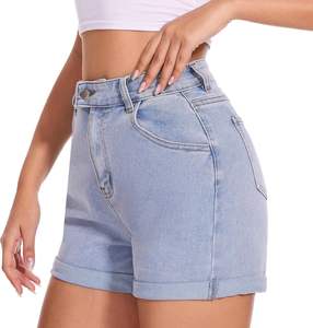 Pantalones cortos de mezclilla de cintura alta para mujer Pantalones cortos de mezclilla con dobladillo elástico Pantalones cortos de mezclilla con puños de verano transpirables - Product Image 5