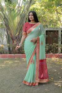 Sari indien prêt-à-porter en géorgette lourde avec bordure à sequins, tenue ethnique pour fêtes et événements, vente en gros - Product Image 3