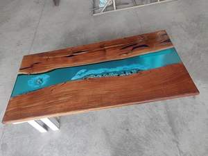 Table à manger rectangulaire moderne en résine époxy artisanale de luxe pour salon, plateau en bois d'acacia, imperméable, cadeau de mariage, personnalisable - Product Image 3