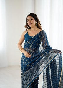 Cao Cấp <span class=keywords><strong>Georgette</strong></span> Saree Với Lá Làm Việc Thiết Kế Bao Gồm 5.5 Mét Saree Và 0.80 Mét Áo Cho Số Lượng Lớn Dân tộc Trang Phục Đơn Đặt Hàng - Product Image 2