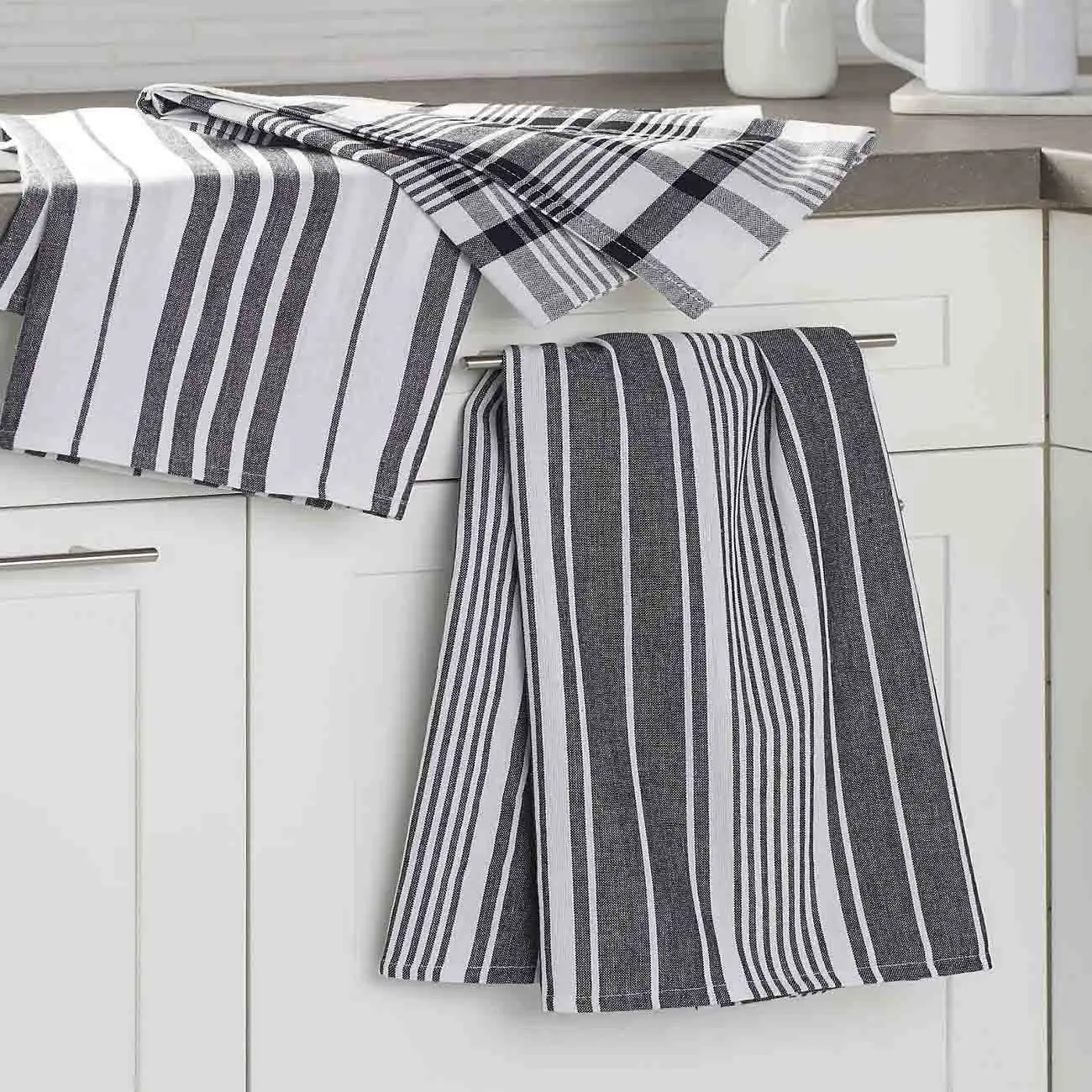 Good Quality 100% Cotton Black-White Check Striped Tea Towels Highly Absorb Washable Durable Kitchen Cleaning Towel Sustainable