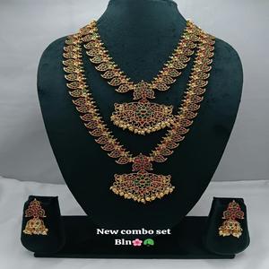 Super Premium Quality Traditional Ethnic Tempal Necklace & Earrings <b>Set</b> with Zircon and Copper <b>for</b> <b>Women's</b> Wedding Party Jewelry - Product Image 2