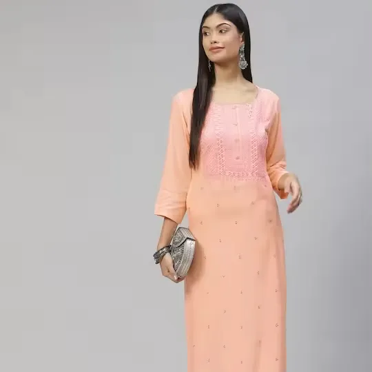 Top bán chất lượng tuyệt vời của phụ nữ mặc quần áo dân tộc mặc kurta và quần thiết lập phụ nữ Peach-coloured Yoke thiết kế kurta thời trang