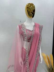 D FASHION GURU DB-28 Saree de Novia de Diseño con Dupatta de Faux Georgette, Bordado de Lentejuelas Pesadas y Perlas Hechas a Mano, Estilo Bollywood - Product Image 3