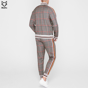 Unisex Plaid Tracksuit Full Length Half-<b>Zip</b> Jacket With Drawstring Pants Casual Autumn Wear Polyester Cotton Blend Regular Fit - Product Image 3