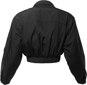 Women's Cropped Front Two Pocket Snap <b>Quilted</b> Padding Bomber Jacket - Product Image 2