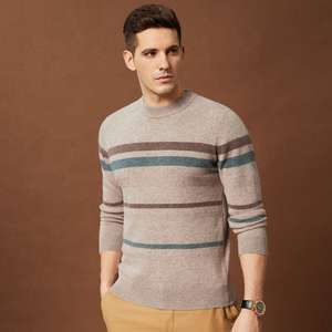 Suéter de invierno a rayas con cuello redondo para hombre, suéter cálido informal clásico de mezcla de lana suave - Product Image 1