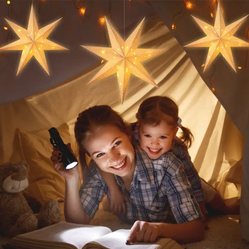 Lanterne en papier de Noël étoile suspendue à 8 branches avec guirlande lumineuse LED abat-jour pendentif décoration en papier noël