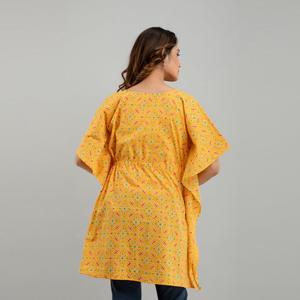 Yellow Bandhani Print Cotton Kaftan Dress Hand Drawn Pakistani Style Indian Salwar Kameez Stitched Clothing (SHKUP1231) - Product Image 3