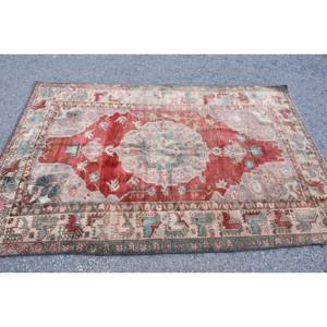 Alfombra de área de lana turca Vintage, diseño de retazos rojo y Beige, rectángulo grande, respaldo de látex de 39x64 pies para habitación de pasillo, 10mm de espesor - Product Image 3