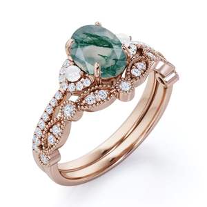แหวนหมั้นเพชรเซอร์โคเนียสำหรับผู้หญิงพลอยเทียมสีเขียวมอสตัดทรงรีจาก925วิกตอเรีย - Product Image 1