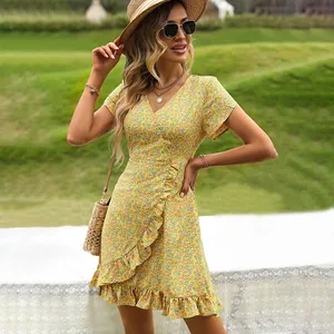 Vestido de verão amarelo floral envelope, saia de manga curta com decote em V, vestido casual diário feminino