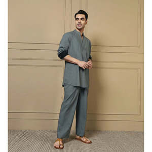 Ensemble Kurta et pantalon en coton gris uni pour homme Amanush, manches longues, col mandarin, tenue décontractée d'été, ensemble coordonné 2 pièces - Product Image 5