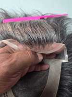 Taz Hair BD Fusion Perruque toupet en cheveux humains Remy à trame nouée à la main, base en dentelle frontale, couleur mixte 1B, patchs capillaires gris, prothèse capillaire