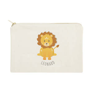 Personalized Name Lion Cotton Canvas Cosmetic Bag Fashion Lady <b>Makeup</b> <b>Case</b> Zipper Closure Blank Cartoon Pattern Customizable - Product Image 1