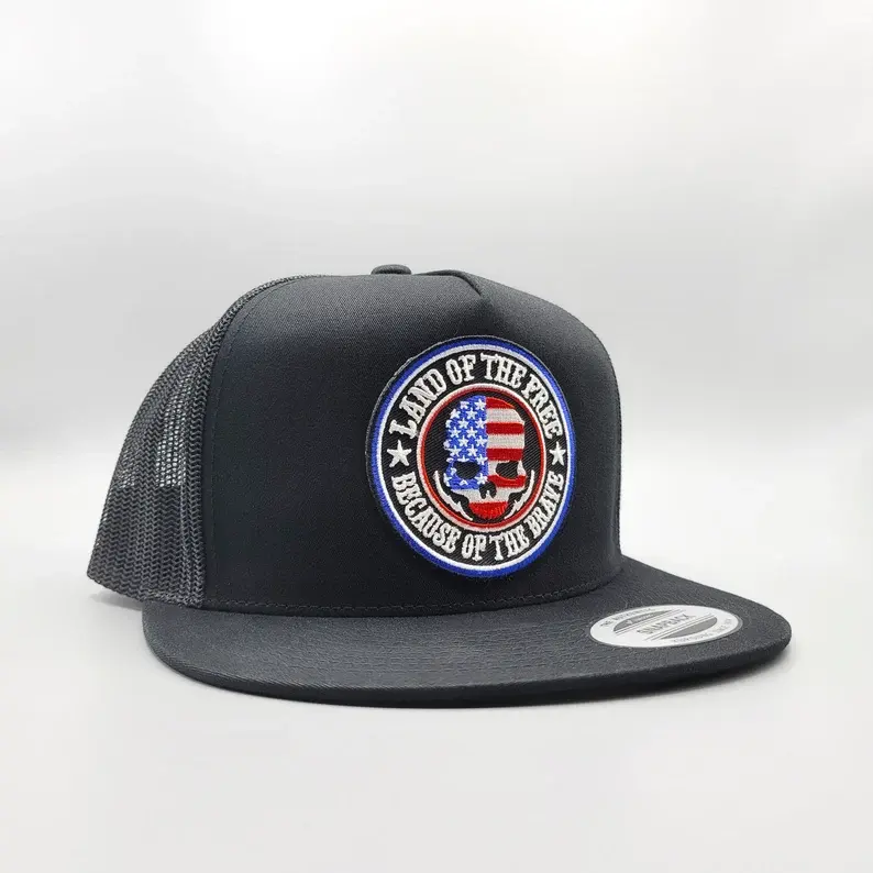 American Patriotic Trucker Hat, Land of the Free Because of the Brave Embroidered Patch on Yupoong 6006 Snapback,