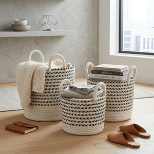 Hand Woven Recycled Plastic <b>Rope</b> <b>Storage</b> <b>Basket</b> Set Black White Arrow Stripe Arch Handle Pot Planter Setup Decor Pure Art Design - Product Image 3