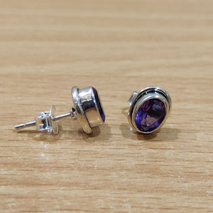 Vintage Amethyst <b>Stud</b> <b>Earrings</b> 2.4 Grams Diamond <b>Set</b> in White Rose Yellow Gold Cute Bezel Setting Engagement Jewelry - Product Image 1