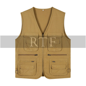 Gilets de chasse été en plein air voyage Style foncé marron toile Logo personnalisé multi-poches gilet de pêche gilet pour hommes - Product Image 6