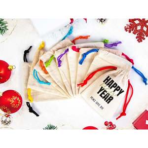 Bolsas de Regalo de Algodón Ecológicas con Logotipo Personalizado (4x5 y 6x8 Pulgadas) con Cuerdas Rojas para Familia y Empresa, Bolsitas de Año Nuevo - Product Image 4