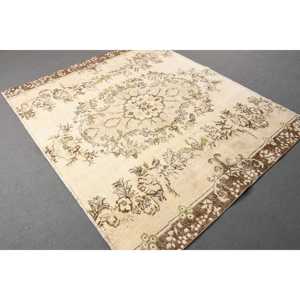 Vintage Turkish Area Rug 6.8x5.5 ft, <b>Brown</b> Green Solid <b>Wool</b> Rug - Product Image 3