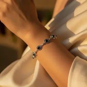 14K Gold 925 Silver Rhodium Plated <b>Bracelet</b> with Black Onyx Emerald Cut Diamond Emerald & <b>Pearl</b>-Statement Jewelry <b>for</b> <b>Women</b> Gift - Product Image 3