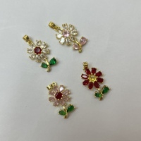 Ciondoli a forma di fiore in ottone per gioielli da donna, con fiore rosa, rosso e foglia verde, con zirconi e dettagli vegetali naturali, per la creazione di accessori fai da te